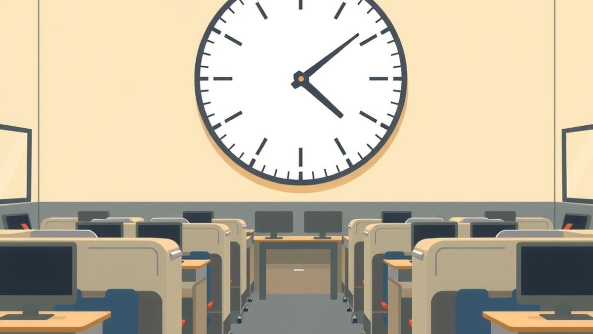 Ilustração de uma sala de exames do Detran com cabines individuais, monitores acesos e um relógio de parede grande ao fundo marcando o tempo corrido