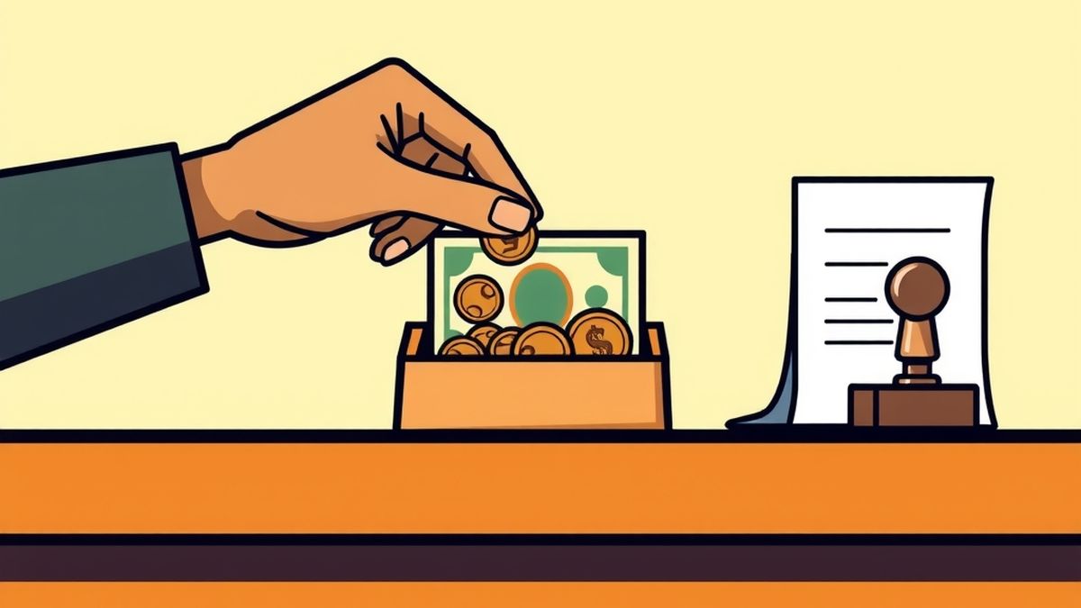 Ilustração de um balcão de atendimento do Detran com uma guia de pagamento sobre a bancada e uma pessoa conferindo o comprovante no celular