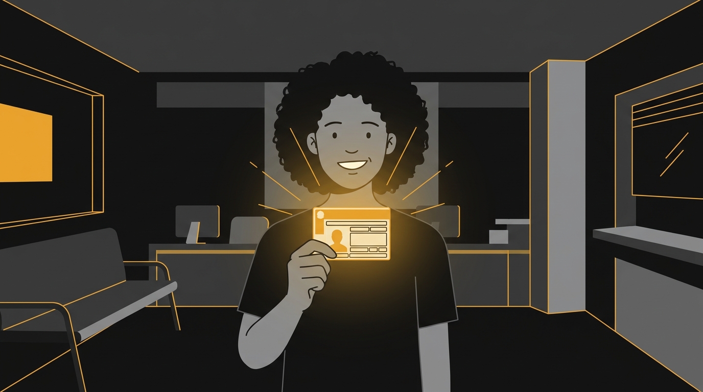 Jovem sorrindo ao receber sua primeira CNH em um posto de atendimento do Detran, em estilo de ilustração.