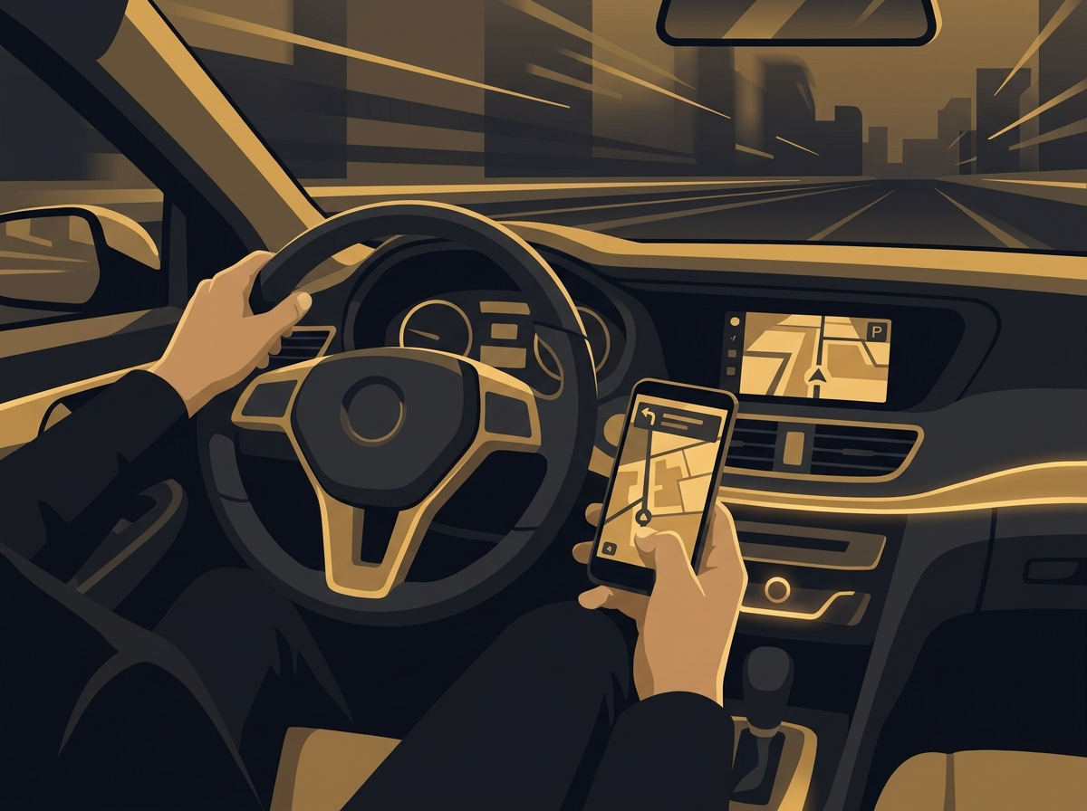 Ilustração mostrando o close das mãos de um motorista usando o celular enquanto segura o volante de um carro.