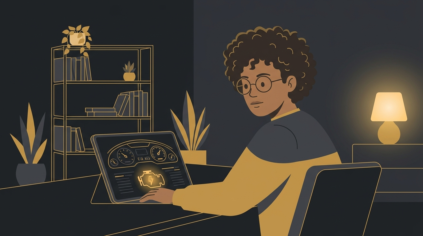 Jovem brasileiro estuda mecânica básica para a CNH em um tablet, que exibe um painel de carro ilustrado.