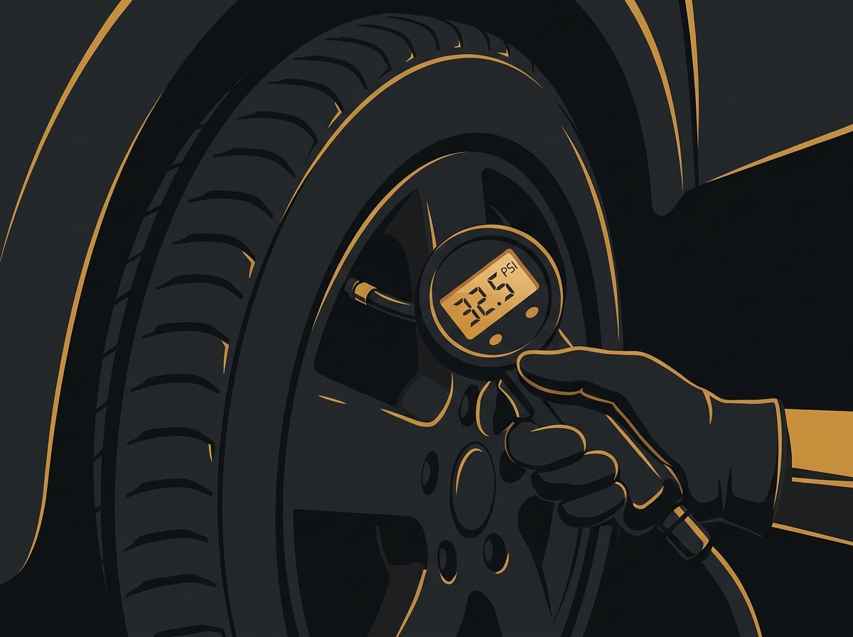 Close de mãos de uma pessoa usando um calibrador digital para medir a pressão de um pneu de carro.