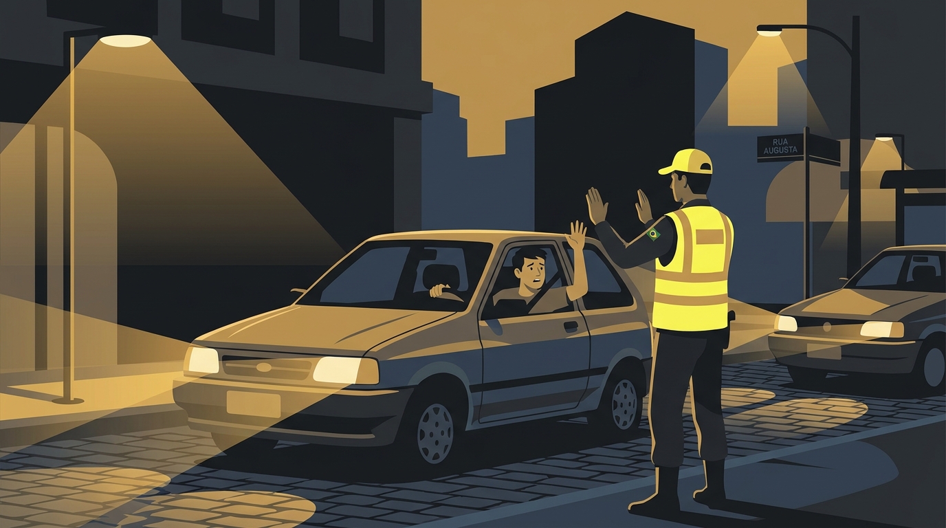 Ilustração de um policial de trânsito abordando um jovem motorista que não possui a Carteira Nacional de Habilitação (CNH).