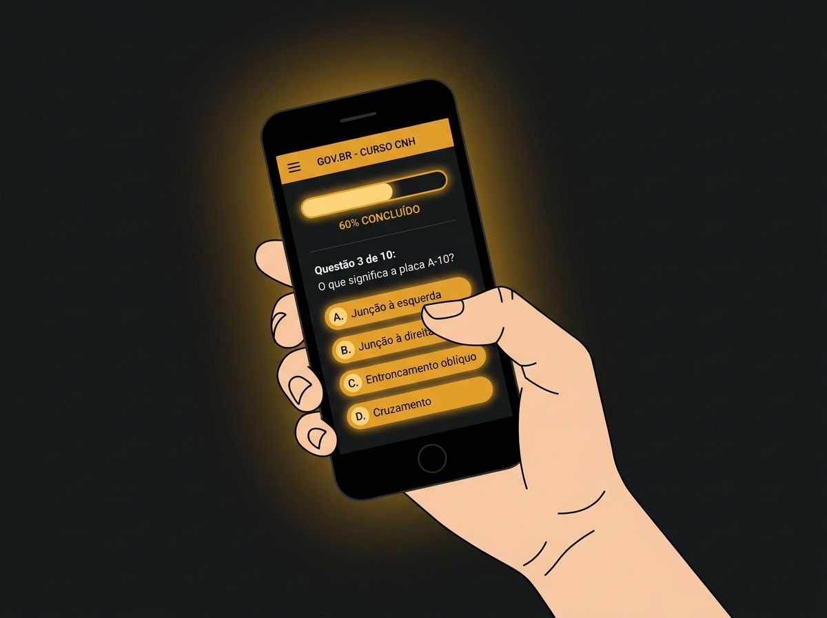 Ilustração de uma mão segurando um celular com o aplicativo do curso teórico gratuito da CNH para a prova do Detran.