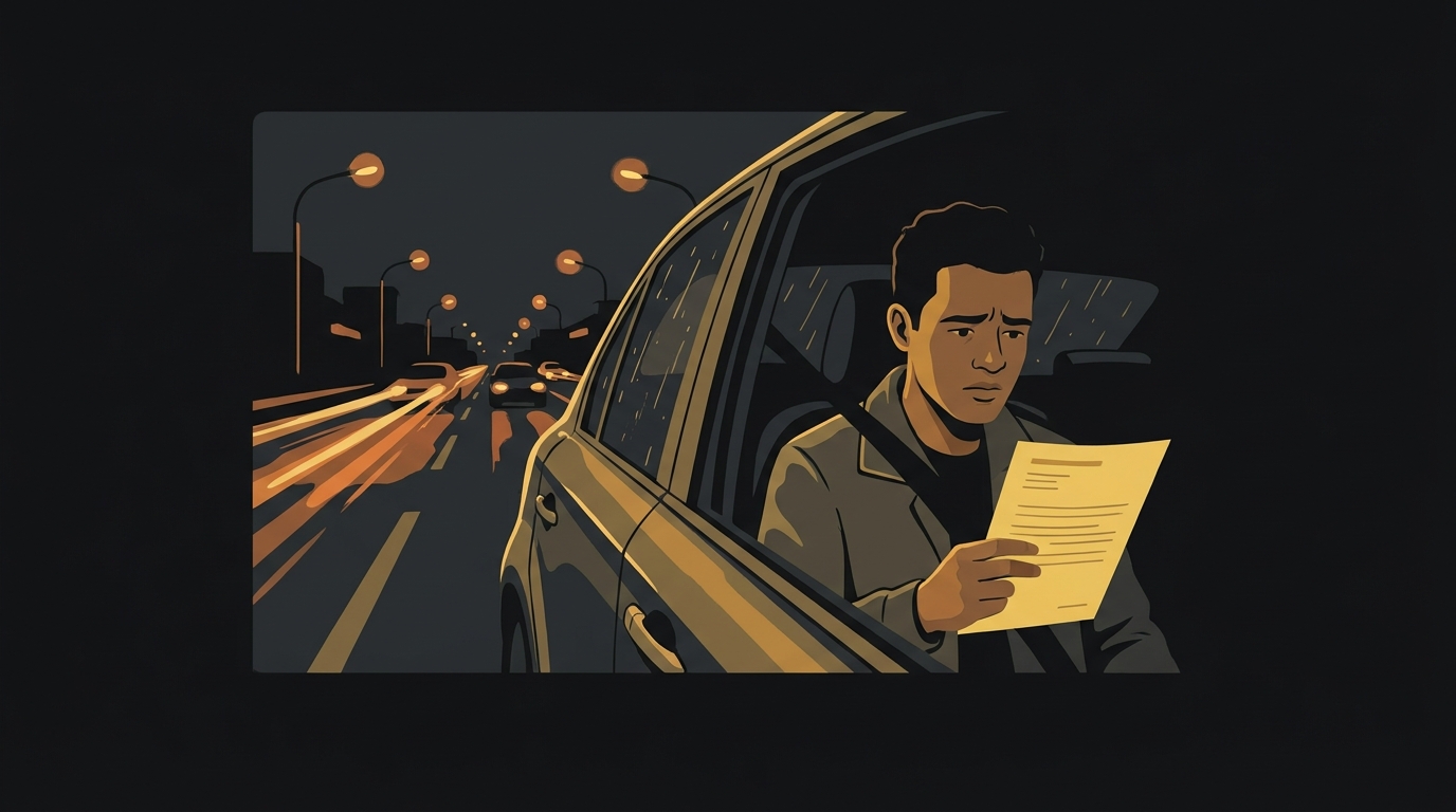 Ilustração de um jovem motorista brasileiro dentro do carro, olhando com preocupação para uma multa de trânsito.