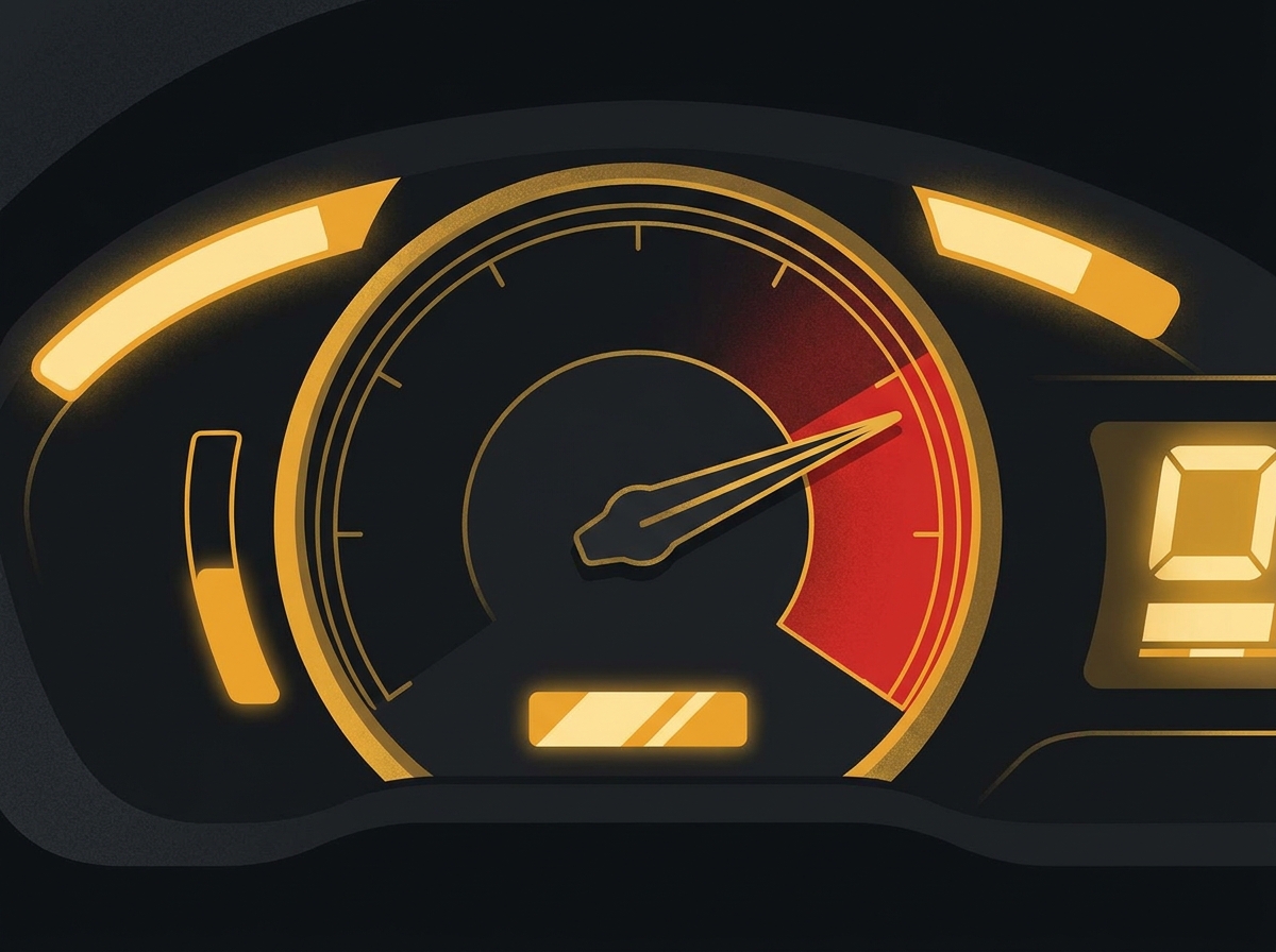 Ilustração em close do velocímetro de um carro marcando alta velocidade, na zona de perigo vermelha.