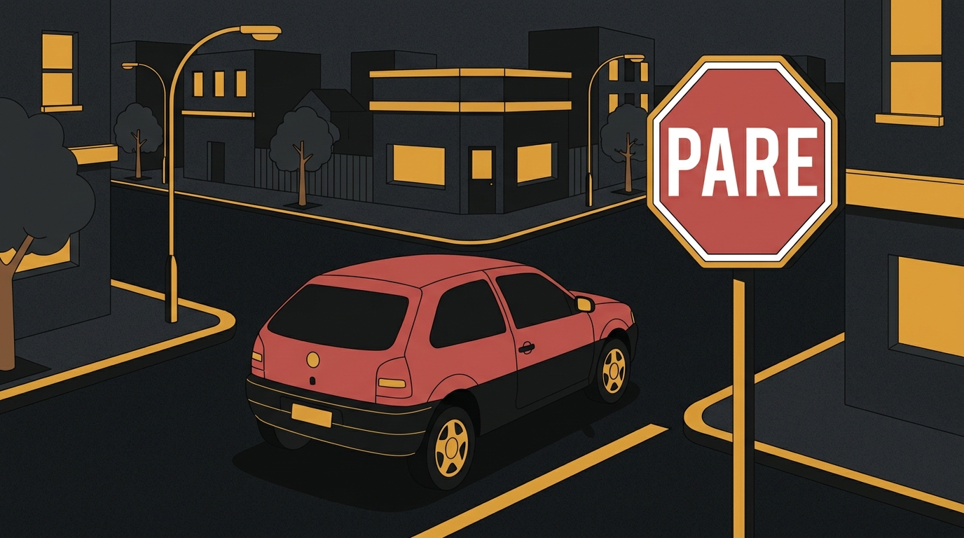 Ilustração de um carro parando em um cruzamento com uma placa de pare vermelha em destaque em uma rua brasileira.