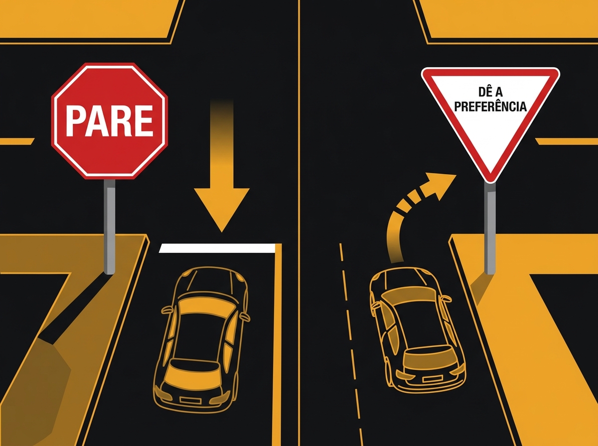 Comparativo visual entre a placa de pare e a placa de dê a preferência, mostrando a ação correta para cada uma.