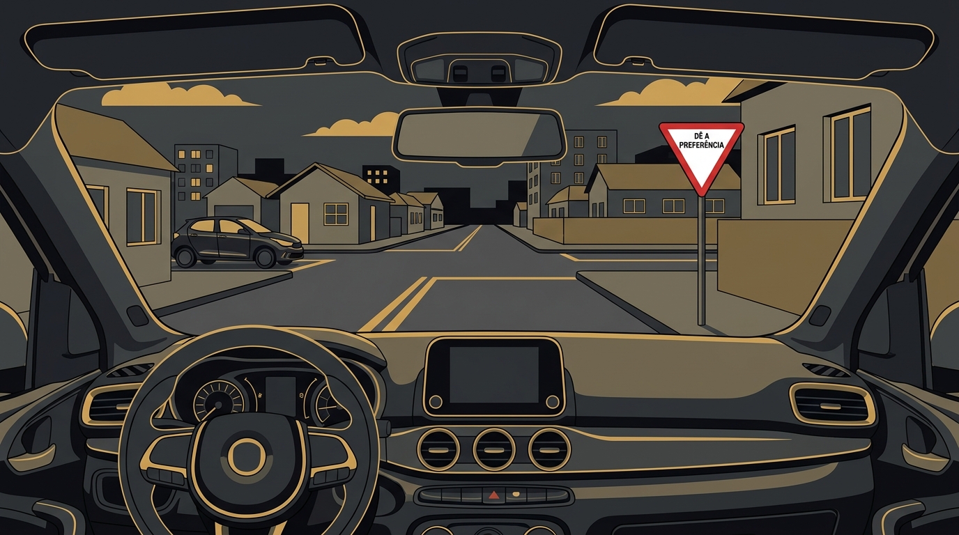 Ilustração de um carro se aproximando de um cruzamento urbano com a placa de trânsito Dê a Preferência em destaque.