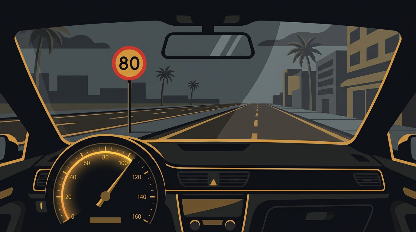 Painel de um carro com velocímetro marcando 80 km/h, vendo através do para-brisa uma placa de velocidade máxima de 80.