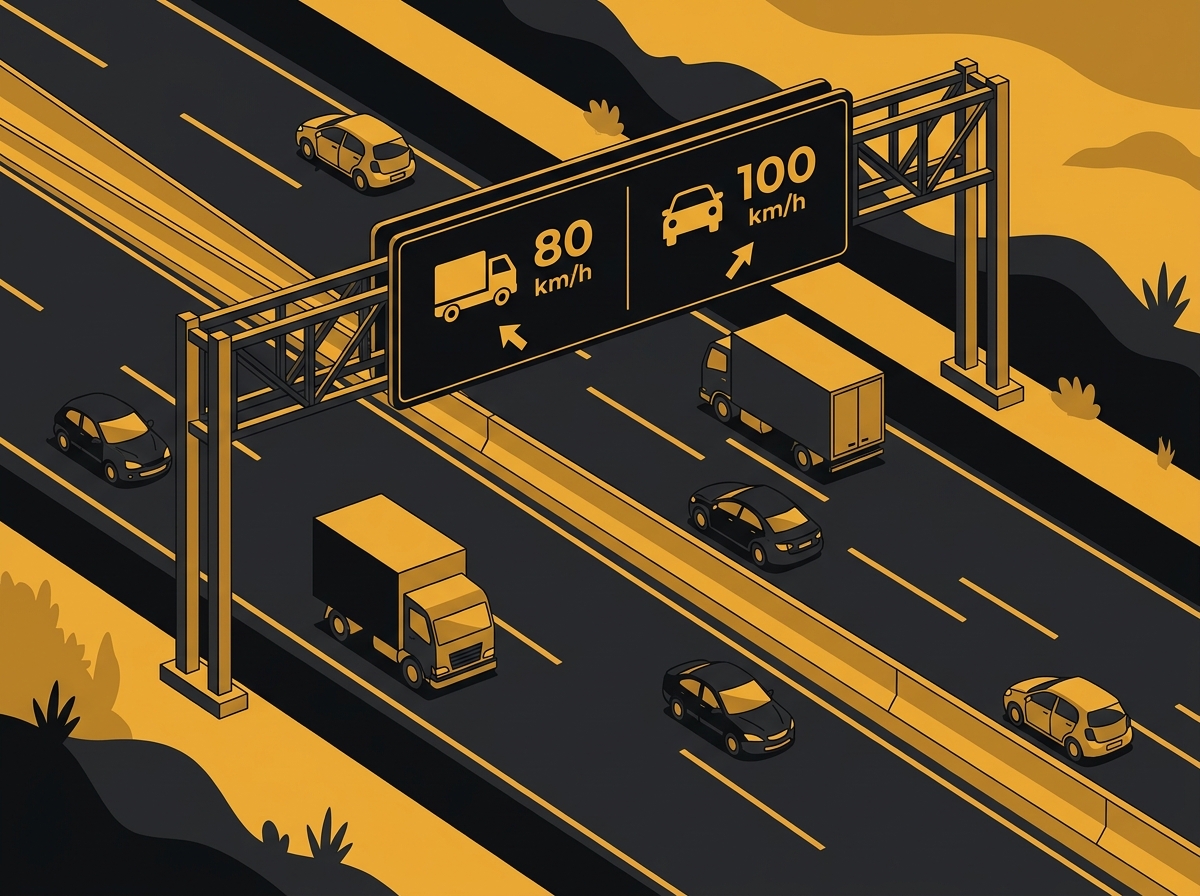Vista aérea de uma rodovia com placas indicando limites de velocidade diferentes para carros e caminhões.