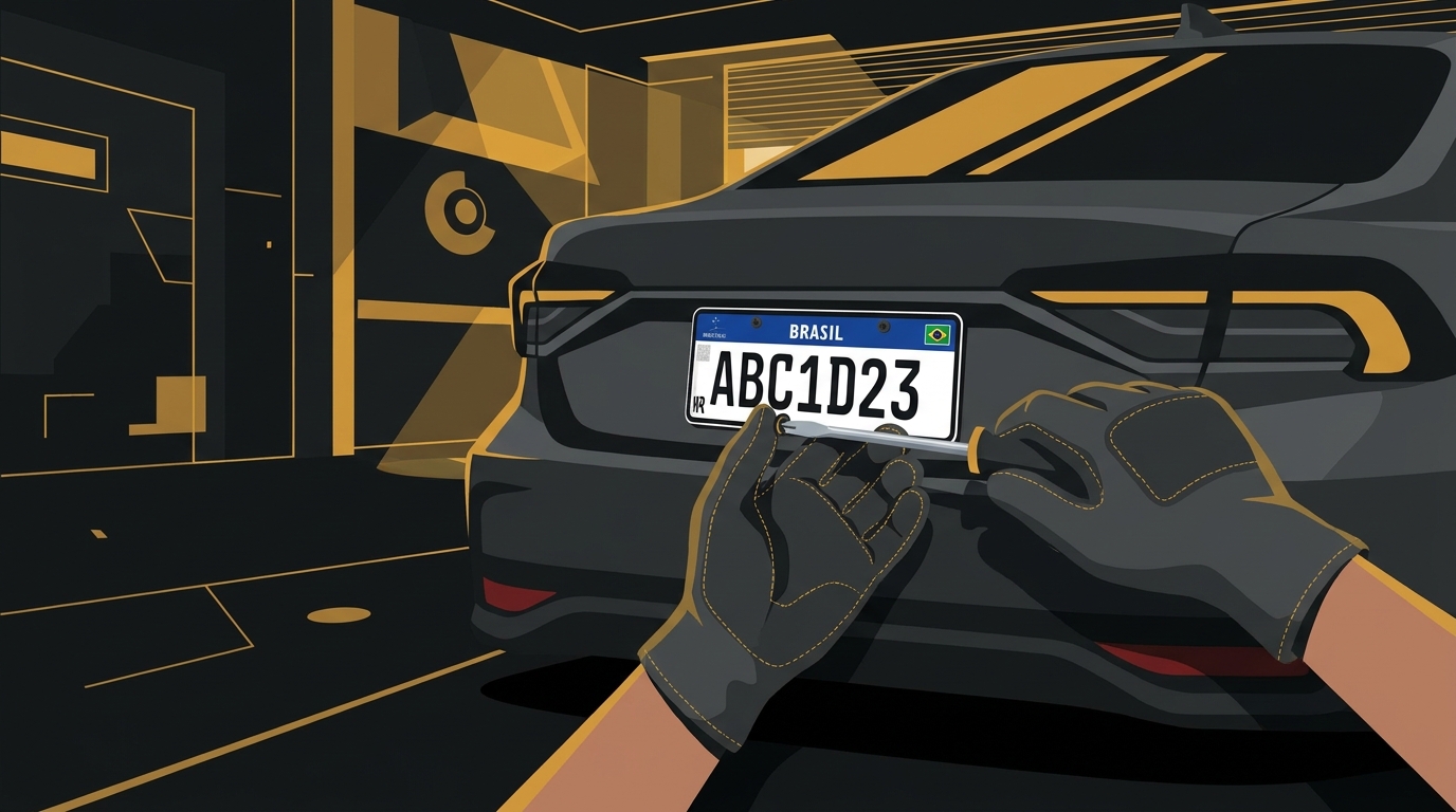 Ilustração de um mecânico instalando a nova placa Mercosul na traseira de um carro, focando nas mãos e na placa.