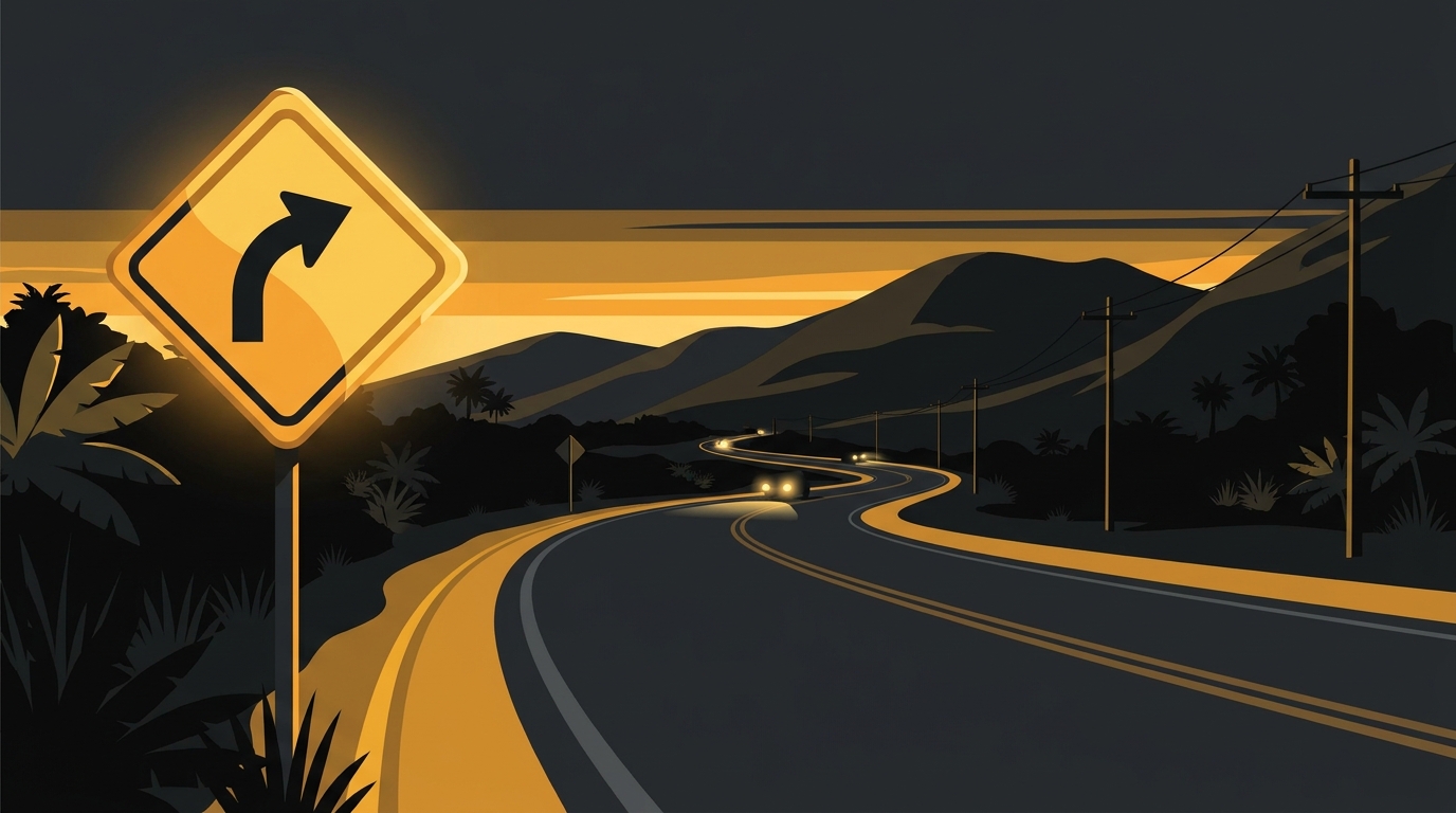 Ilustração de uma placa de advertência amarela indicando curva perigosa em uma estrada brasileira ao entardecer.