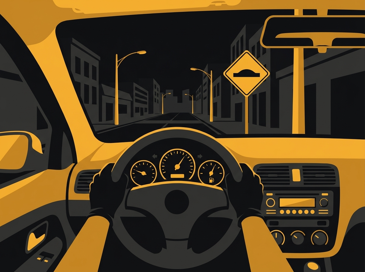 Ilustração do painel de um carro com uma placa de lombada visível através do para-brisa em uma rua urbana.
