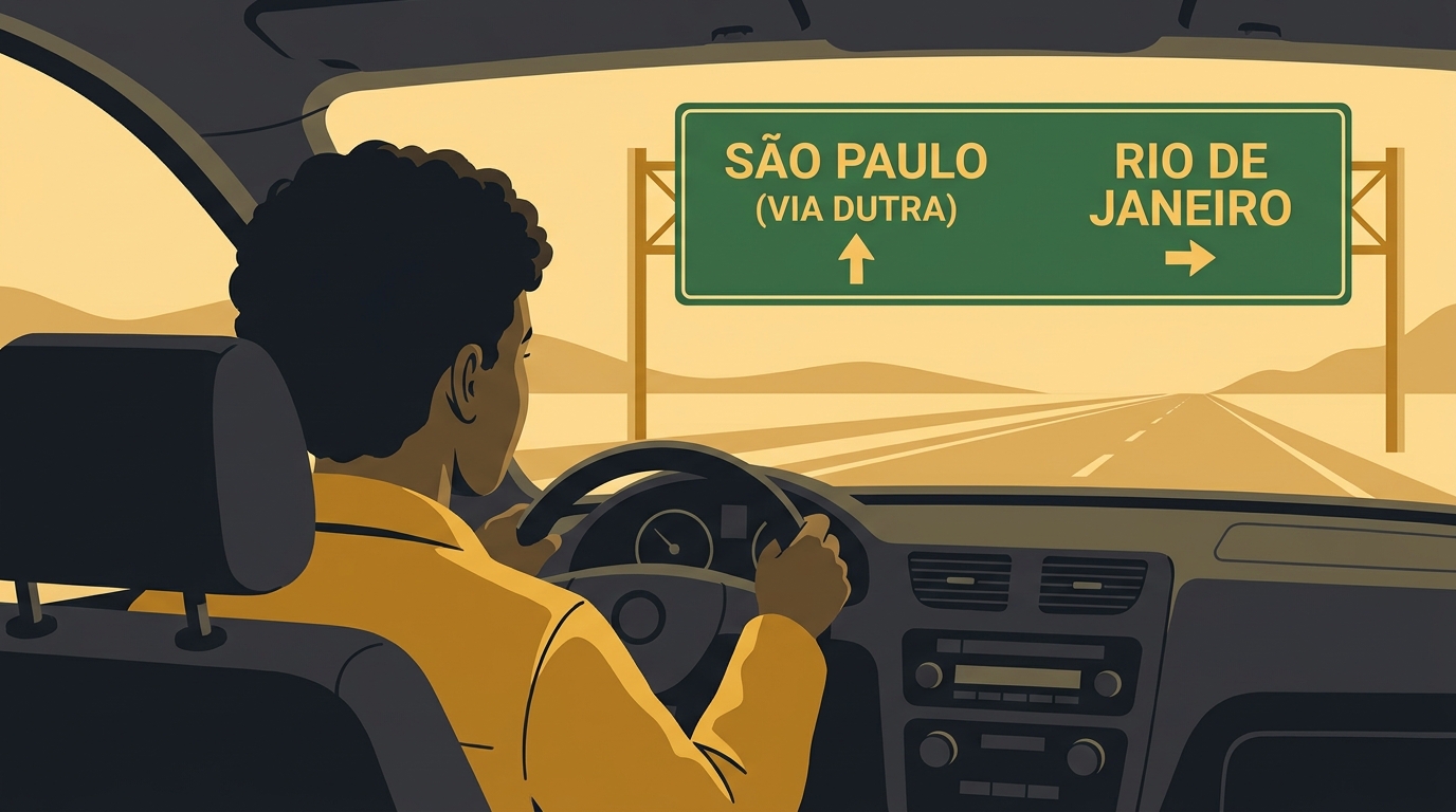 Ilustração de um motorista olhando uma grande placa de indicação verde em uma rodovia brasileira, mostrando direções.