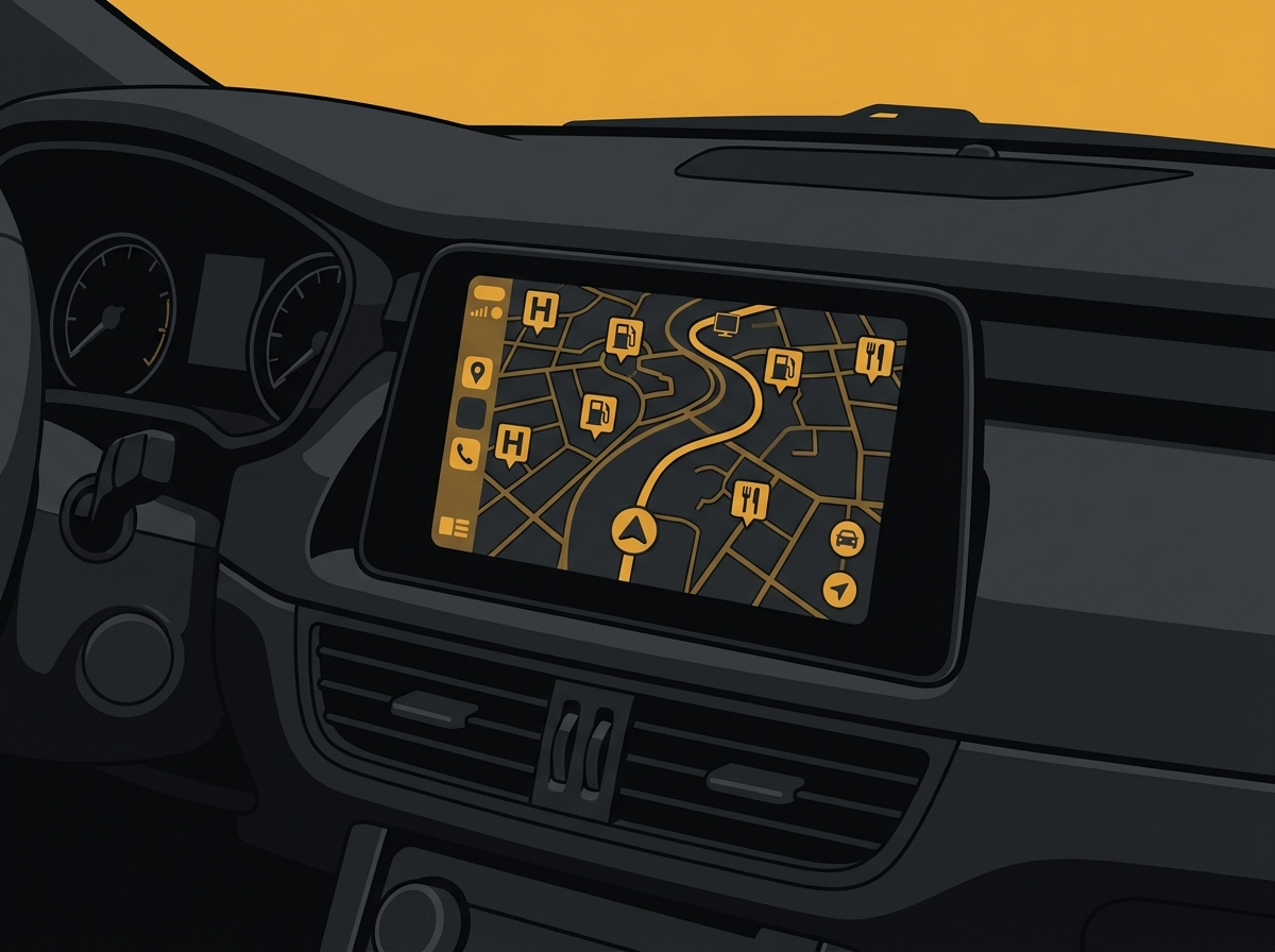 Ilustração do painel de um carro com um aplicativo de GPS exibindo ícones de serviços, como hospital e restaurante.