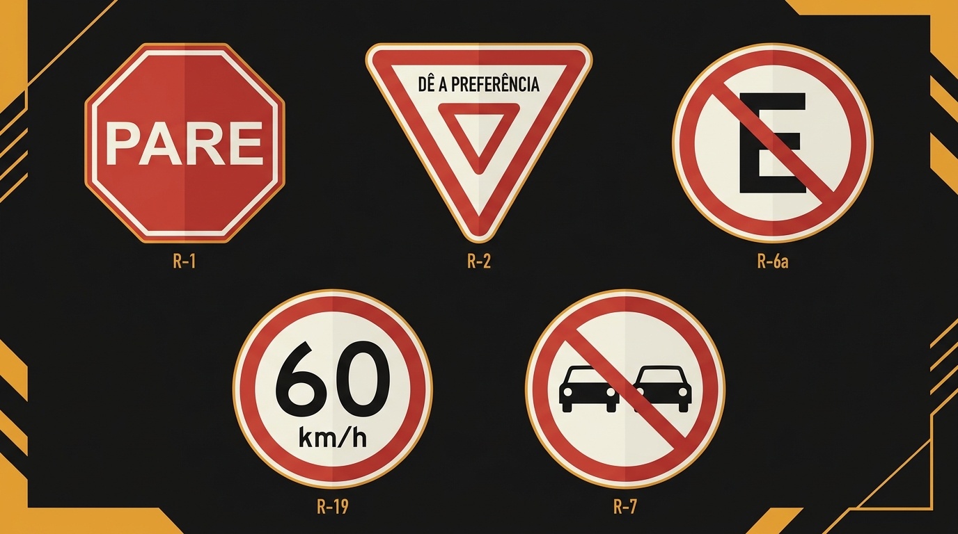 Cinco placas de regulamentação em destaque: Pare, Dê a Preferência, Proibido Estacionar, Velocidade Máxima e Proibido Ultrapassar.