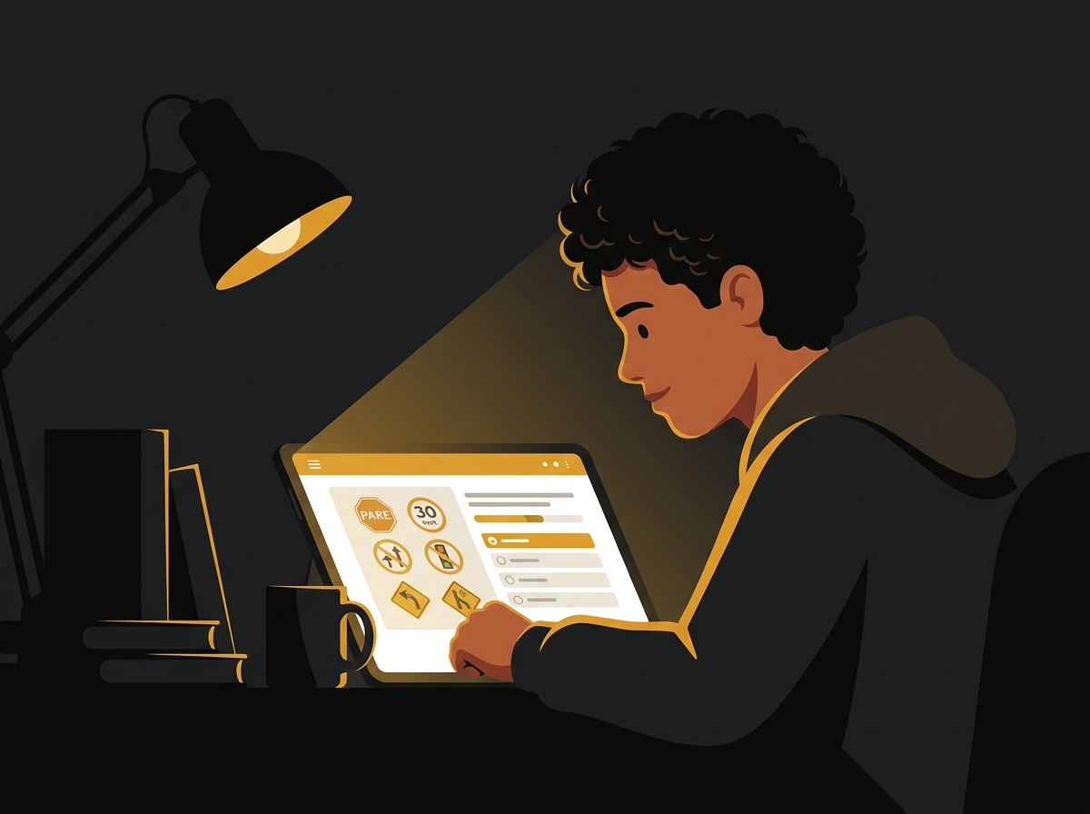 Jovem estudante utilizando um tablet para responder um simulado online sobre placas de trânsito para a prova teórica da CNH.