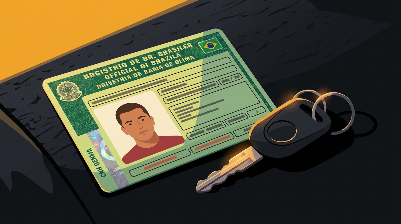 Ilustração da Carteira Nacional de Habilitação (CNH) sobre uma mesa escura, com chaves de carro ao lado, em estilo editorial.