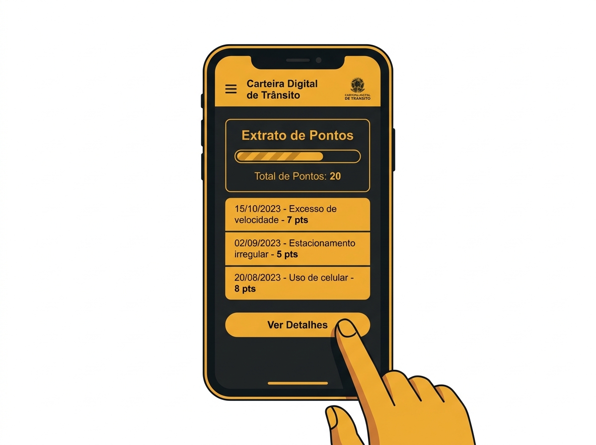 Ilustração de um celular exibindo o extrato de pontos no aplicativo da Carteira Digital de Trânsito (CDT).