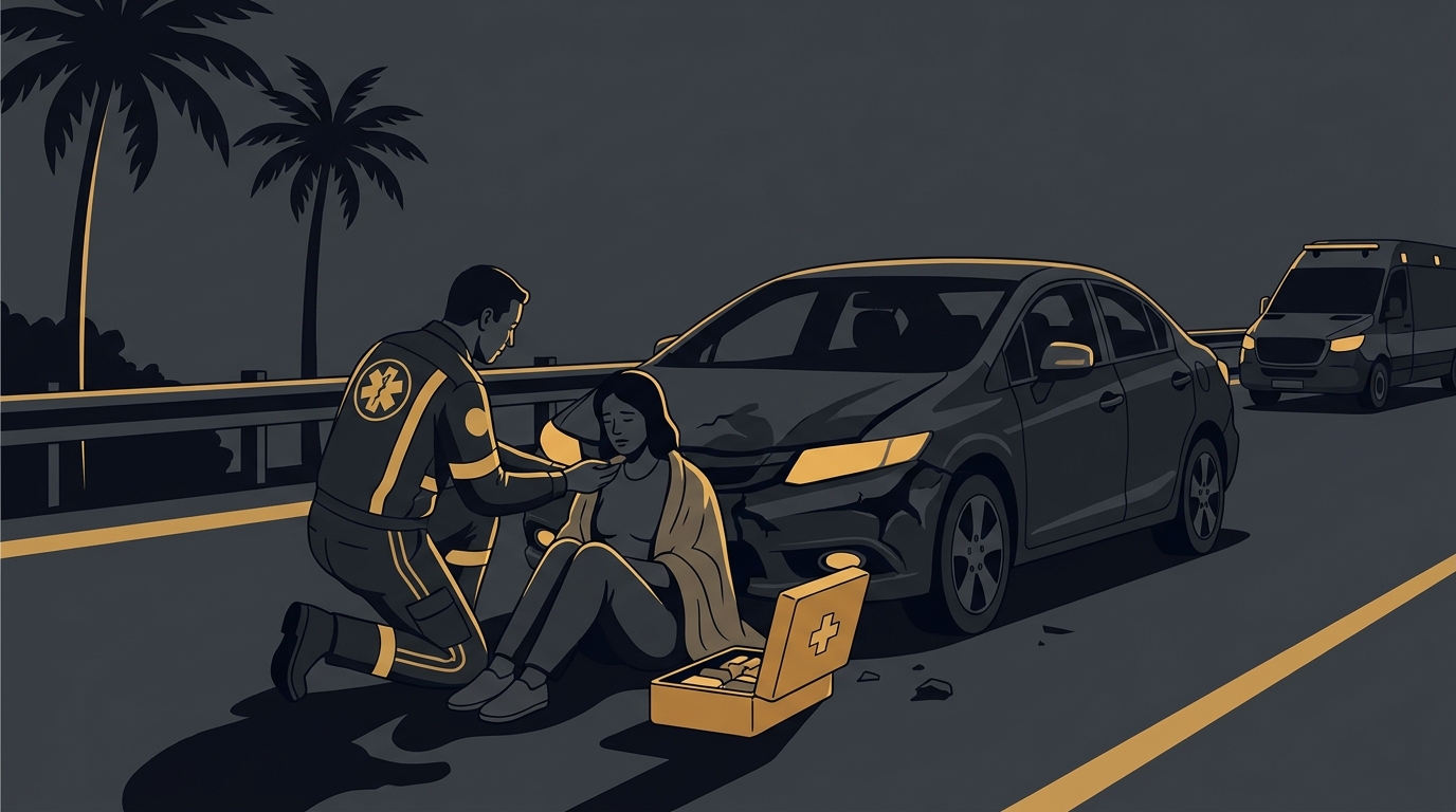 Ilustração de um socorrista prestando os primeiros socorros a uma pessoa em um acidente de trânsito no Brasil.