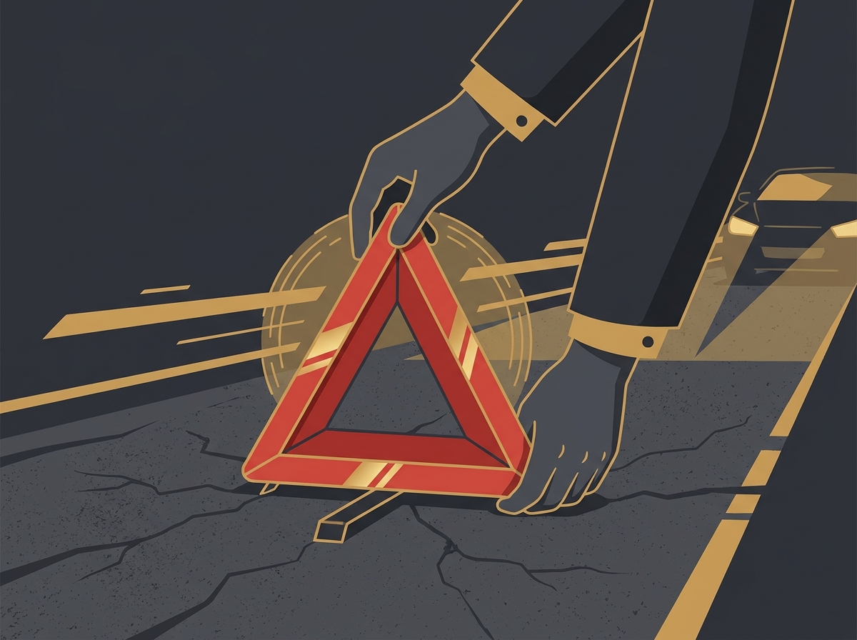 Ilustração de mãos posicionando um triângulo de sinalização de emergência no asfalto de uma estrada.