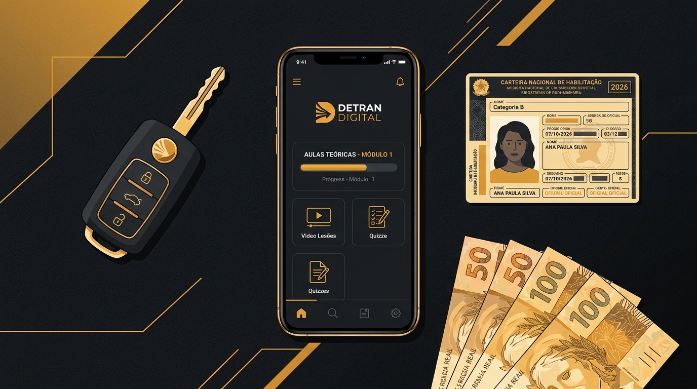 Itens para tirar a CNH em 2026: celular com app de aulas, chave de carro, documento da CNH e notas de Real.