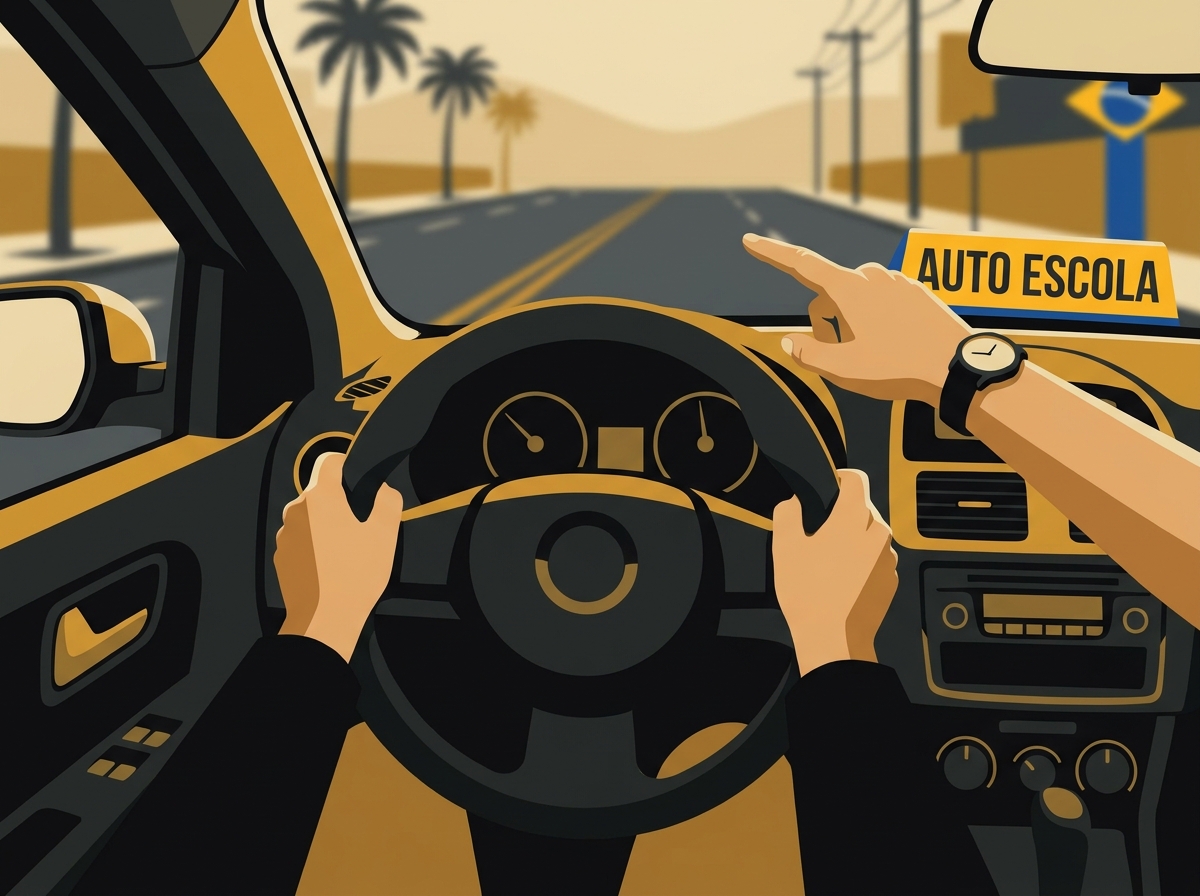 Mãos de um aluno no volante durante aula prática de direção, com instrutor ao lado.