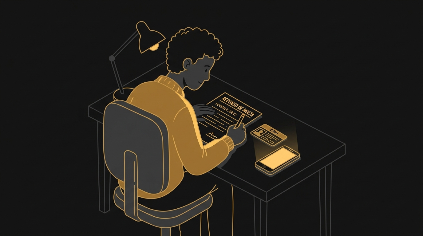 Ilustração de uma pessoa preenchendo um formulário de recurso de multa de trânsito em uma mesa.