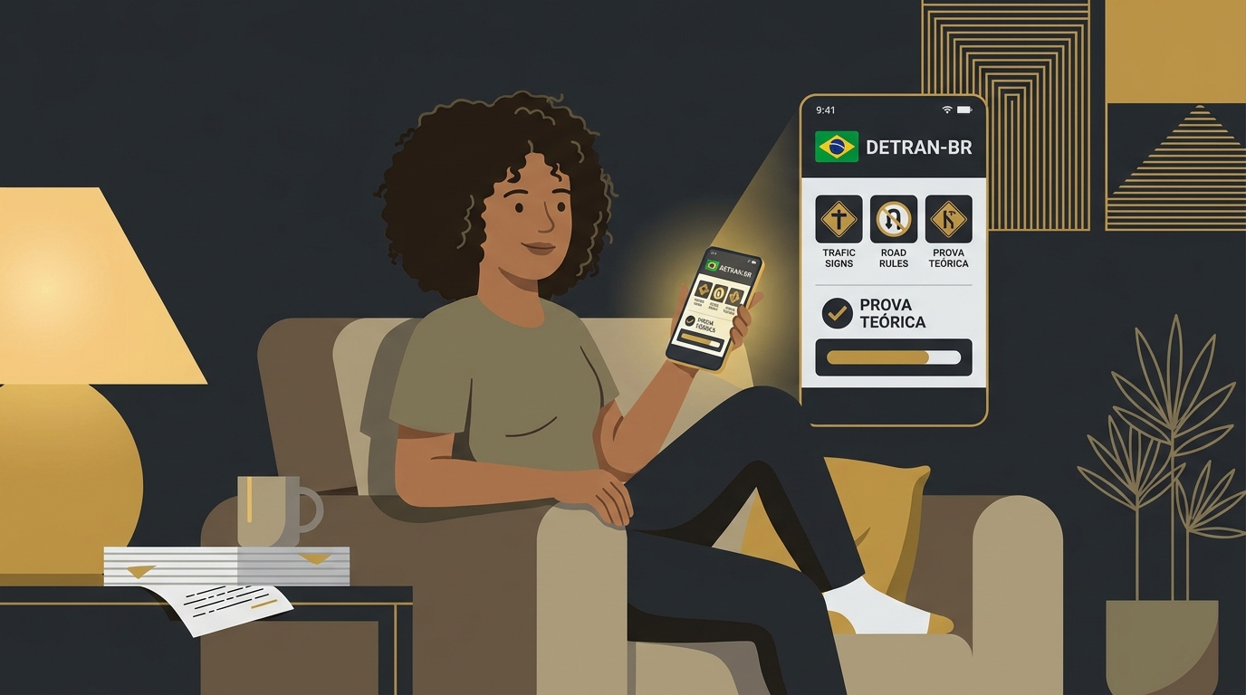 Jovem estudando para a prova teórica da CNH em um aplicativo no celular, em casa.