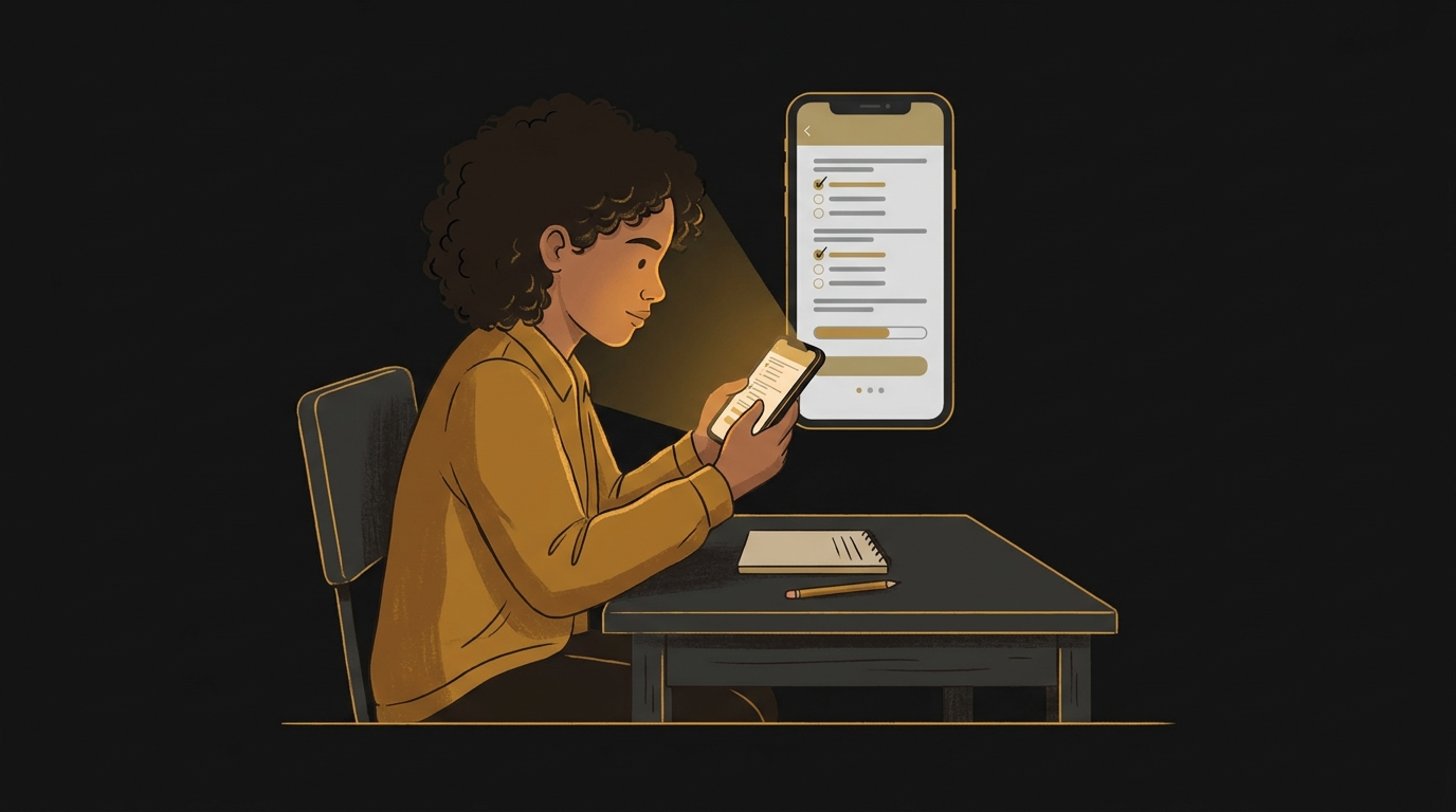 Jovem estudante usa o celular em uma mesa para fazer um simulado online da prova teórica da CNH.
