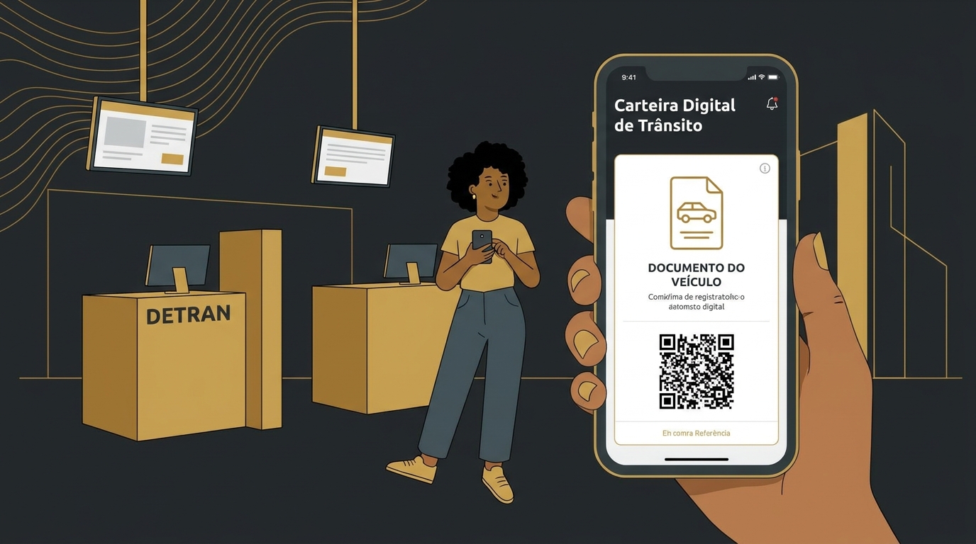 Pessoa brasileira usando o aplicativo Carteira Digital de Trânsito em um celular para realizar a transferência de um veículo.