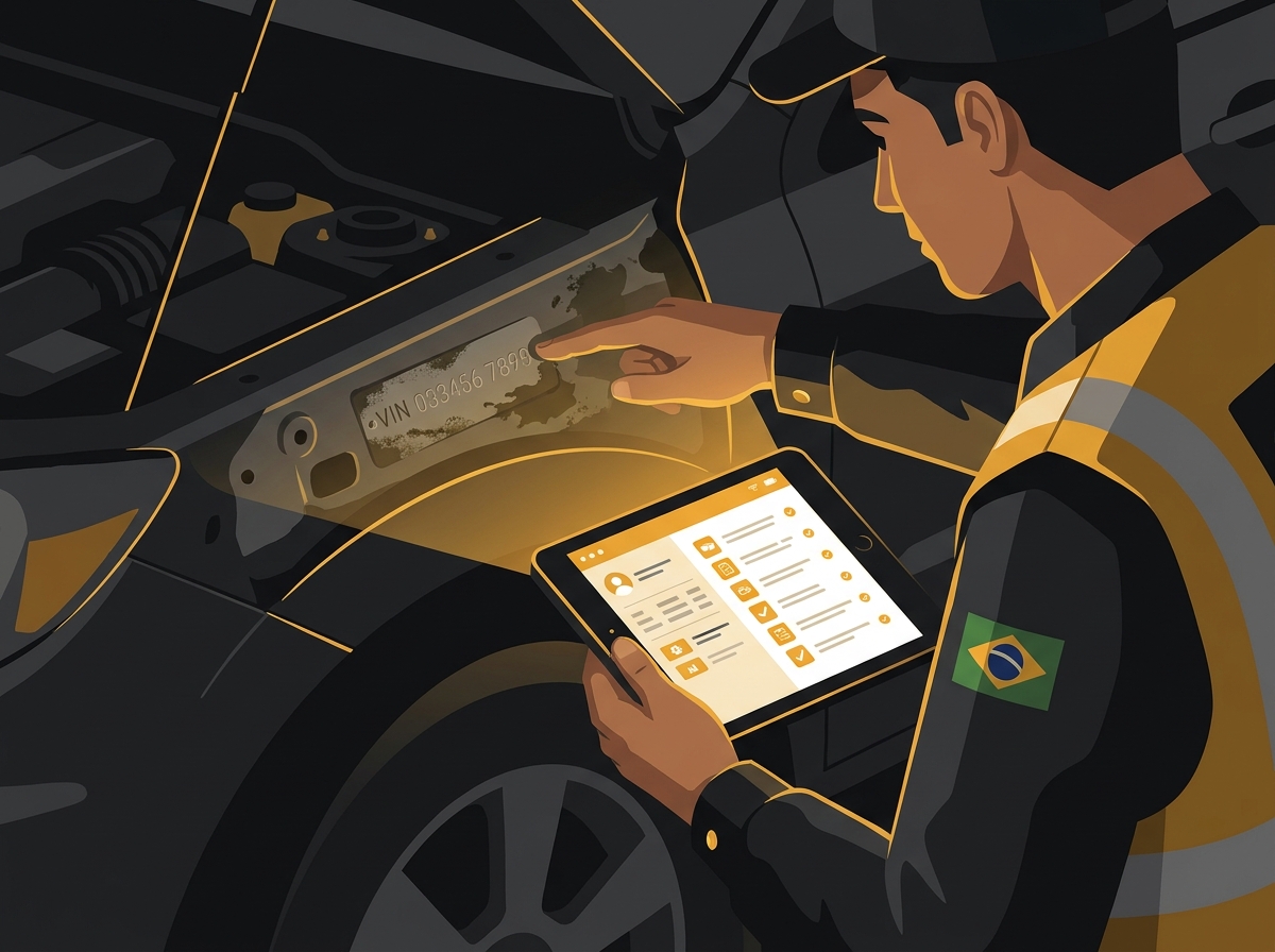 Inspetor de trânsito realizando a vistoria veicular obrigatória em um carro, conferindo o número do chassi.
