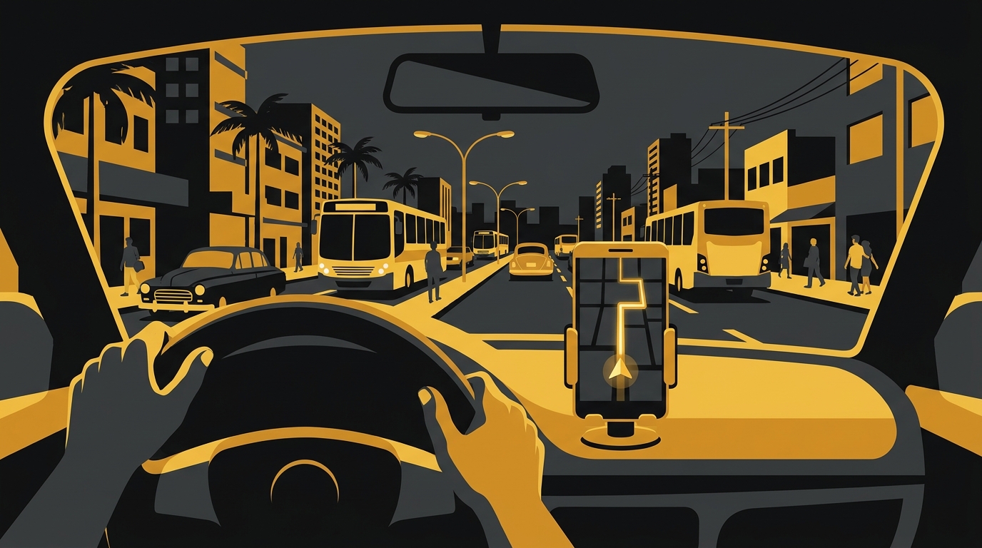 Visão do motorista com as mãos ao volante e um celular com mapa de GPS em um suporte no painel do carro.