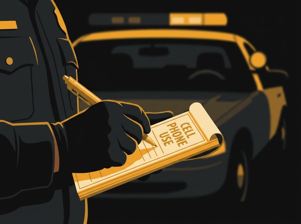 Mão de um agente de trânsito preenchendo uma multa, com um carro desfocado ao fundo.