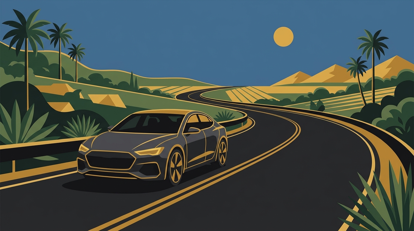 Ilustração de um carro moderno em uma rodovia brasileira bem sinalizada, representando o tema de limites de velocidade.