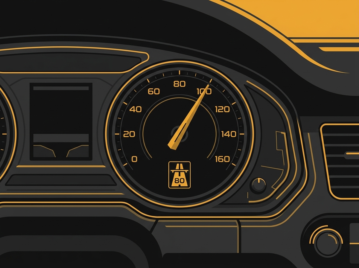 Ilustração em close-up de um painel de carro com o velocímetro marcando 80 km/h, o limite de uma via de trânsito rápido.